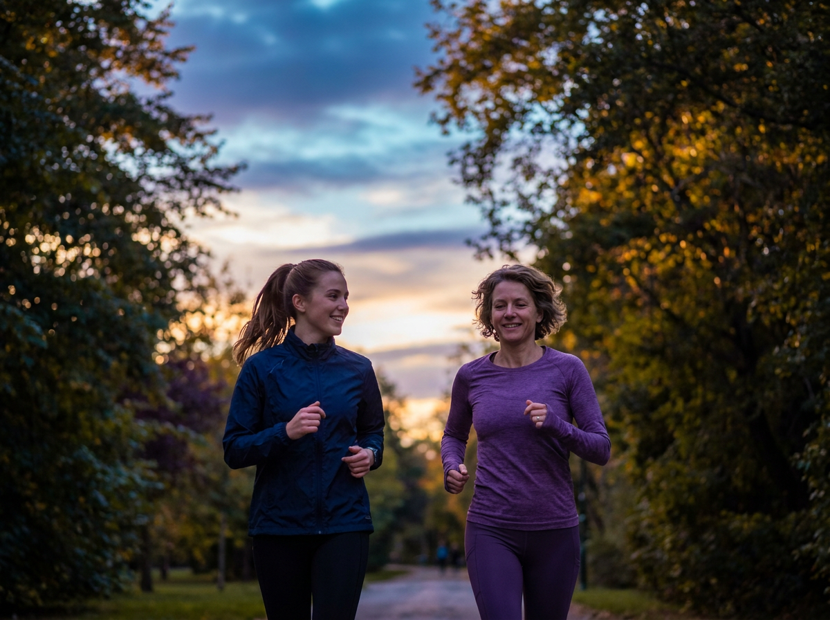 Two runners at dusk