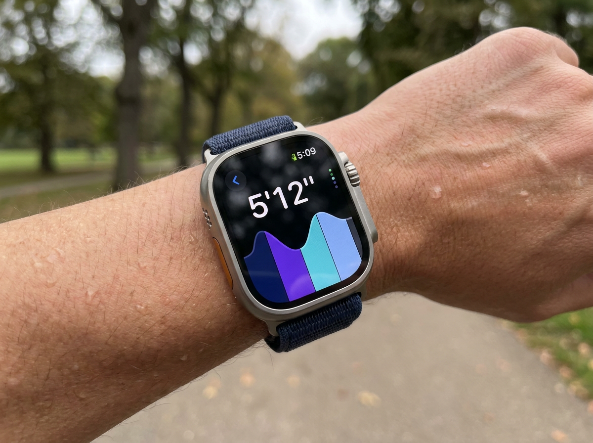 Apple Watch close-up showing pace alert